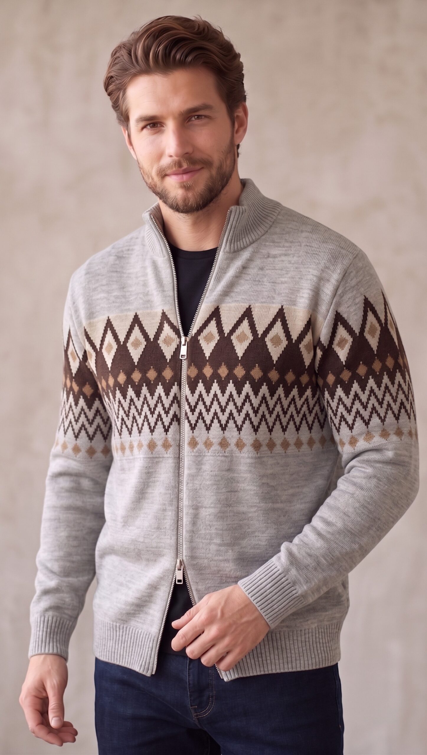 Cardigan da uomo con doppia cerniera scorrevole in acrilico al 100% con motivo a righe