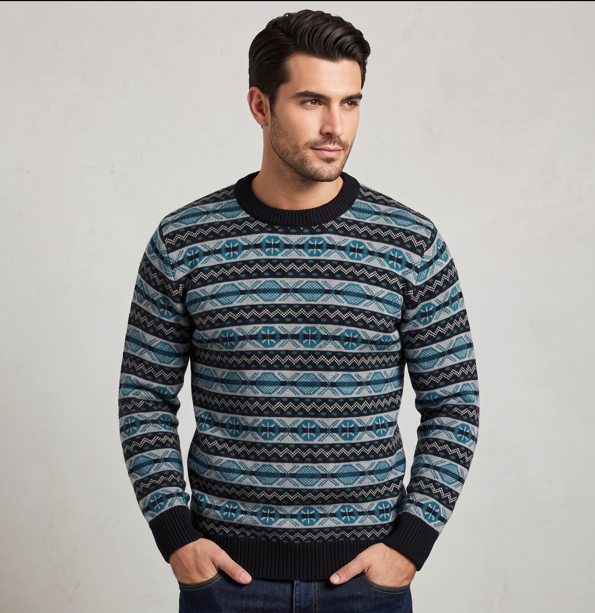 Maglione girocollo a righe geometriche da uomo – 100% acrilico